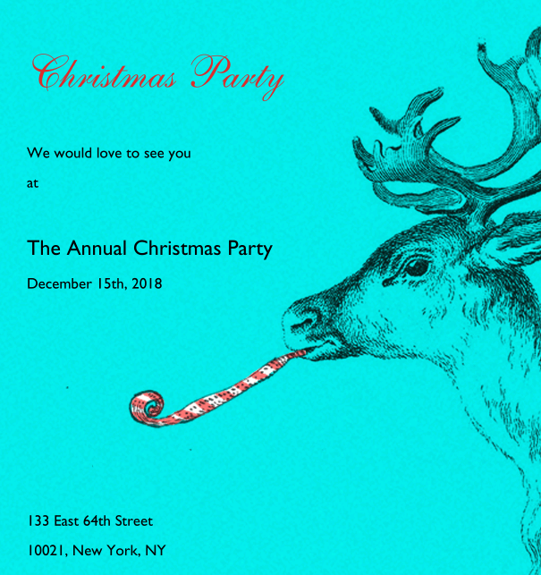 Animated Christmas Party invitation card with Reindeer blowing a party whistle.