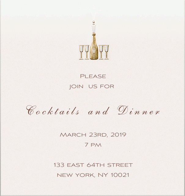 Animated online invitation card with Champagne bottle popping and filling four Champagne glasses.