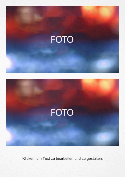 Einfach gestaltete Fotokarte in Hochkant mit 2 Fotofeldern mit Rahmen zum Foto selber hochladen inkl. Textfeld.