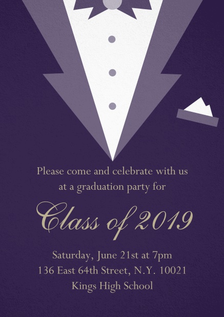 Class of 2019 graduation invitation card with Black Tie card design. Purple.