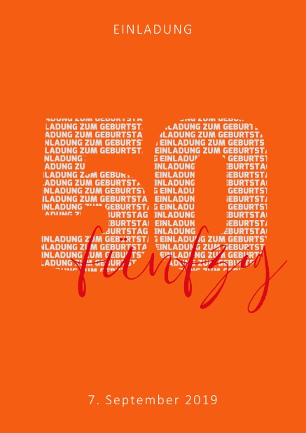 Online Einladungskarte zum 50. Geburtstag mit gestalteter Zahl 50 aus Einladung zum Geburtstag Texten. Orange.
