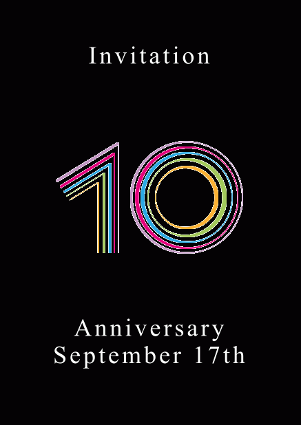 10th anniversary online invitation card with animated number 10 animating in different bright colors. Black.