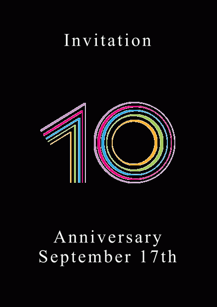 Animated colorful 10 - Black - Animated Invitations 10th anniversary online invitation card with animated number 10 animating in different bright colors. Black.