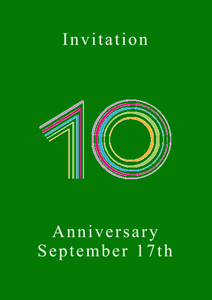 10th anniversary online invitation card with animated number 10 animating in different bright colors. Green.