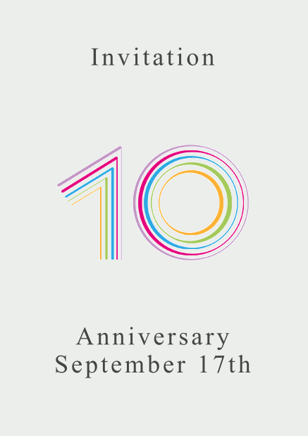 10th anniversary online invitation card with animated number 10 animating in different bright colors. Grey.