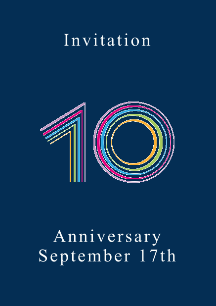 10th anniversary online invitation card with animated number 10 animating in different bright colors. Navy.