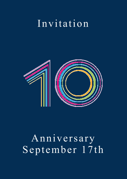 Animated colorful 10 - Navy - Animated Invitations 10th anniversary online invitation card with animated number 10 animating in different bright colors. Navy.