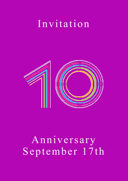 10th anniversary online invitation card with animated number 10 animating in different bright colors. Purple.