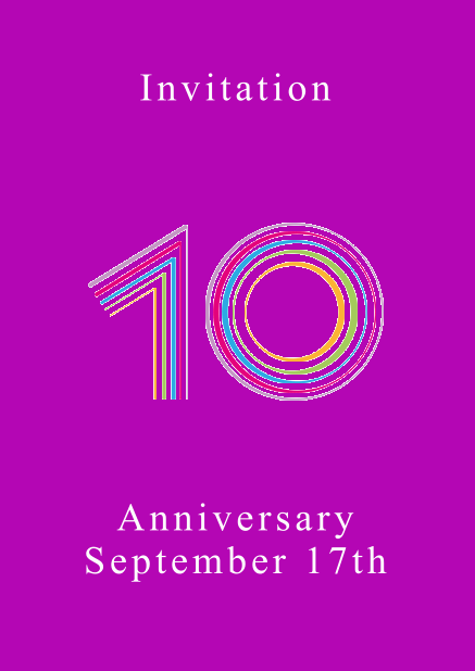 Animated colorful 10 - Purple - Animated Invitations 10th anniversary online invitation card with animated number 10 animating in different bright colors. Purple.