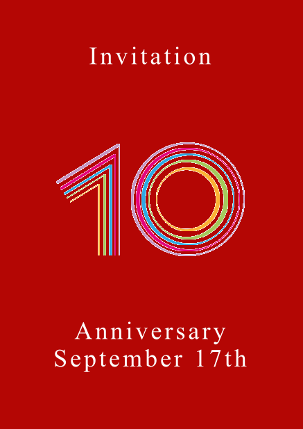 10th anniversary online invitation card with animated number 10 animating in different bright colors. Red.