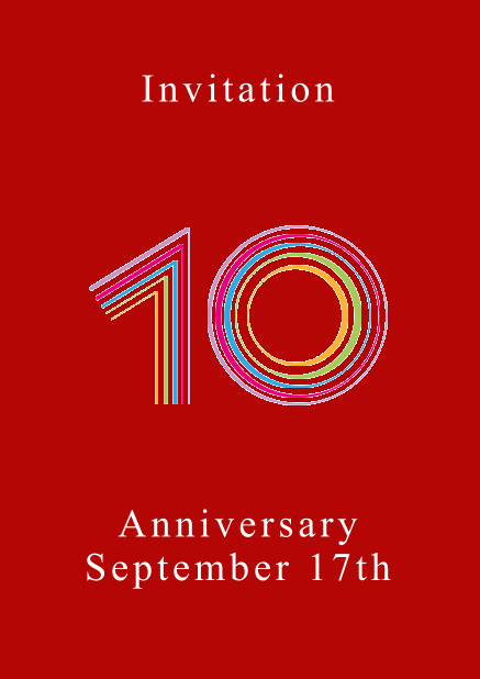 Animated colorful 10 - Red - Animated Invitations 10th anniversary online invitation card with animated number 10 animating in different bright colors. Red.