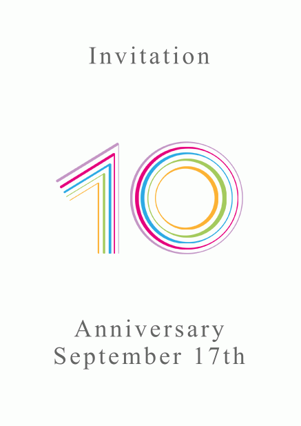 10th anniversary online invitation card with animated number 10 animating in different bright colors. White.