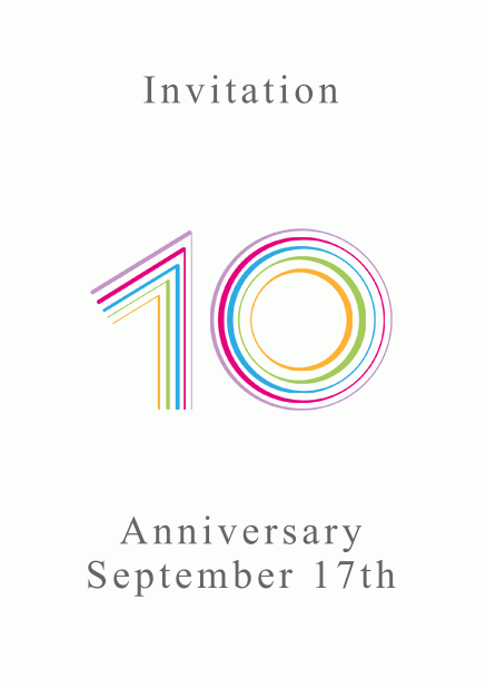 Animated colorful 10 - White - Animated Invitations 10th anniversary online invitation card with animated number 10 animating in different bright colors. White.