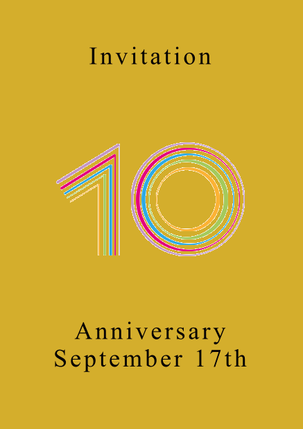 10th anniversary online invitation card with animated number 10 animating in different bright colors. Yellow.