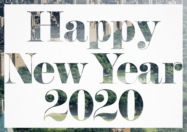 Invitation card with cut out Happy New Year 2020 text. Green.