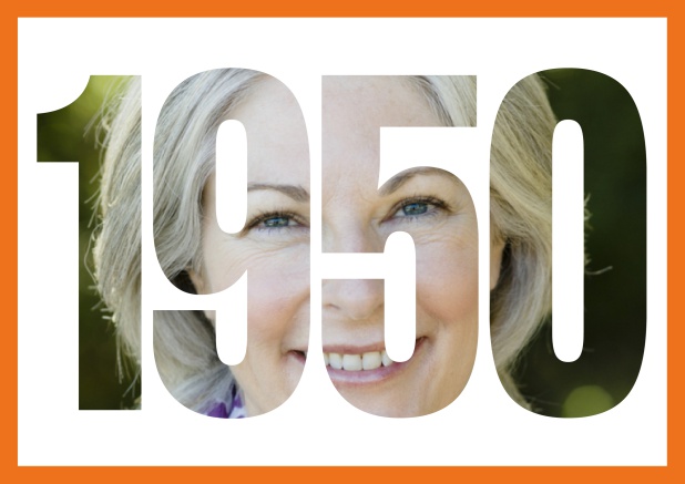 1950 geboren quer - Orange - 70. Geburtstag Online Einladungskarte mit ausgeschnittener 1950 für Geburtstagseinladungen mit eigenem Foto oder Image Orange.