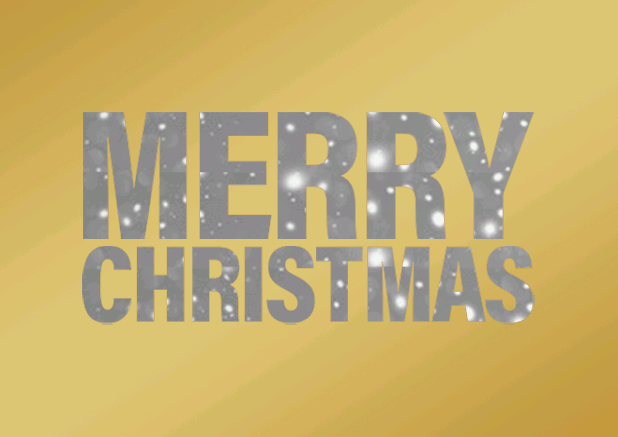 Goldene Weihnachtskarte mit Merry Christmas Text mit animiertem Schneefall