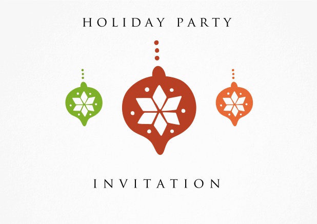 Holiday party invitation card with three colorful Christmas balls.