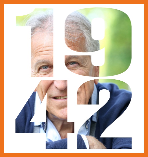Geburtsjahr 1942 - Orange - 80. Geburtstag Online Einladungskarte mit ausgeschnittener 1942 für eigenes Foto Orange.