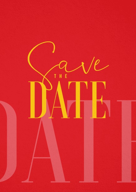 Save the Date card with illustrated yellow text on red card