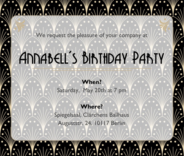 Online Invitation card with Art Deco design shining through the text section in the favorite color. Black.