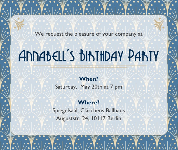 Online Invitation card with Art Deco design shining through the text section in the favorite color. Blue.