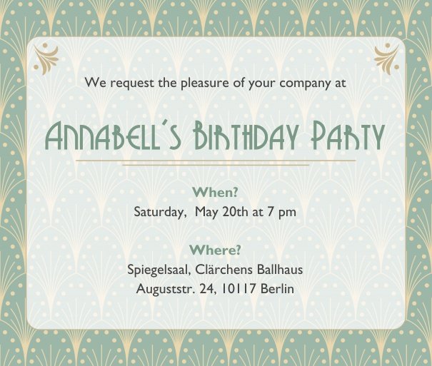 Online Invitation card with Art Deco design shining through the text section in the favorite color. Green.