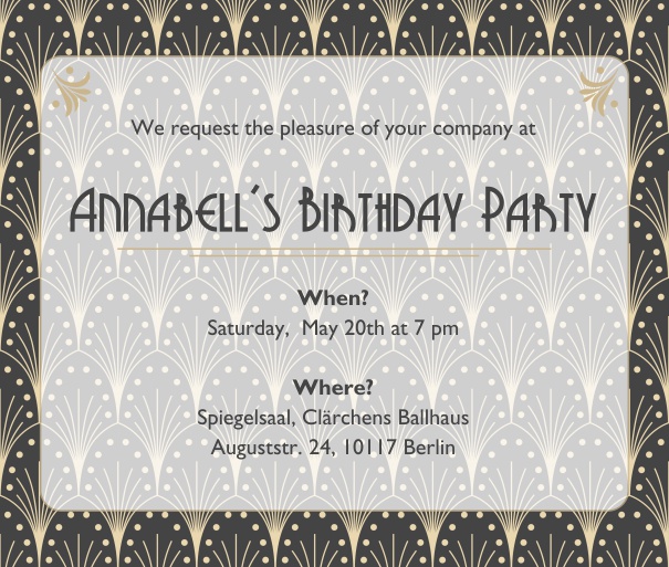 Online Invitation card with Art Deco design shining through the text section in the favorite color. Grey.