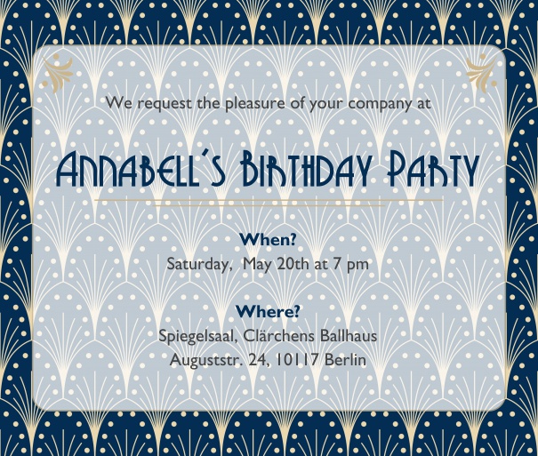 Online Invitation card with Art Deco design shining through the text section in the favorite color. Navy.