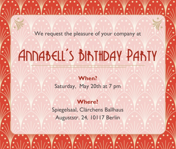 Online Invitation card with Art Deco design shining through the text section in the favorite color. Red.