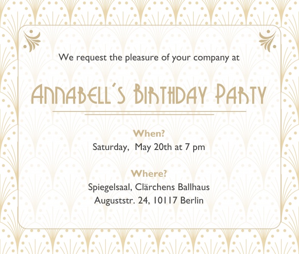 Online Invitation card with Art Deco design shining through the text section in the favorite color. White.