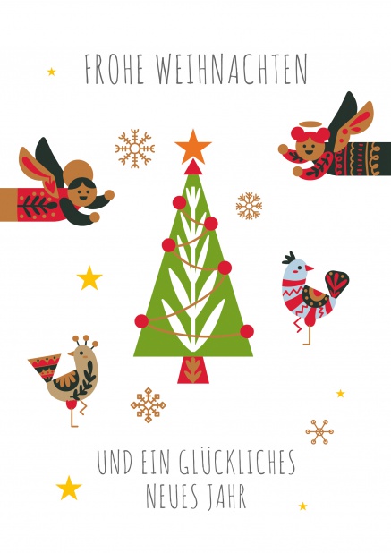 Helle Online Weihnachtskarte mit grünem Weihnachtsbaum und Engeln und Hühnern