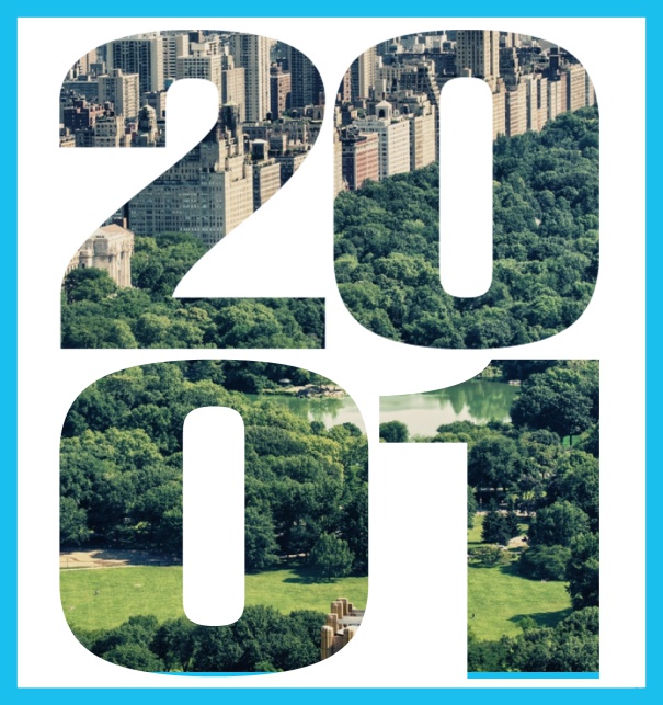 Einladungskarte mit ausgeschnittener 2001 für ein eigenes Foto Blau.