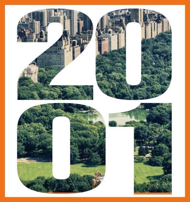 Einladungskarte mit ausgeschnittener 2001 für ein eigenes Foto Orange.