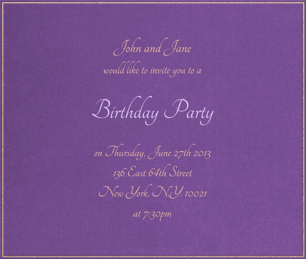 Square Purple Minimal Spring Party Invitation card with gold text.