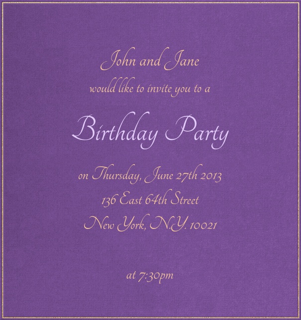 High format Purple Minimal Spring Party Invitation card with gold text.