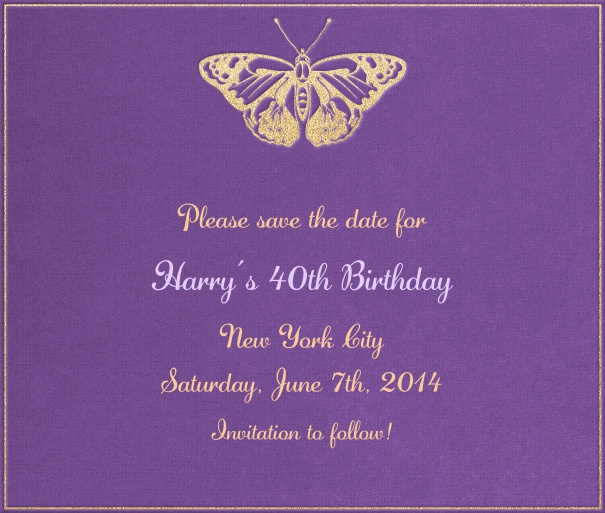Lila Save the Date Kartenvorlage mit Schmetterling in Querformat mit gestaltetem Text zum Anpassen.