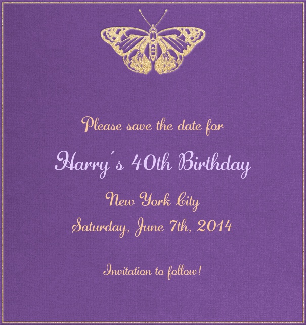 Lila Save the Date Kartenvorlage mit Schmetterling in Hochformat mit gestaltetem Text zum Anpassen.
