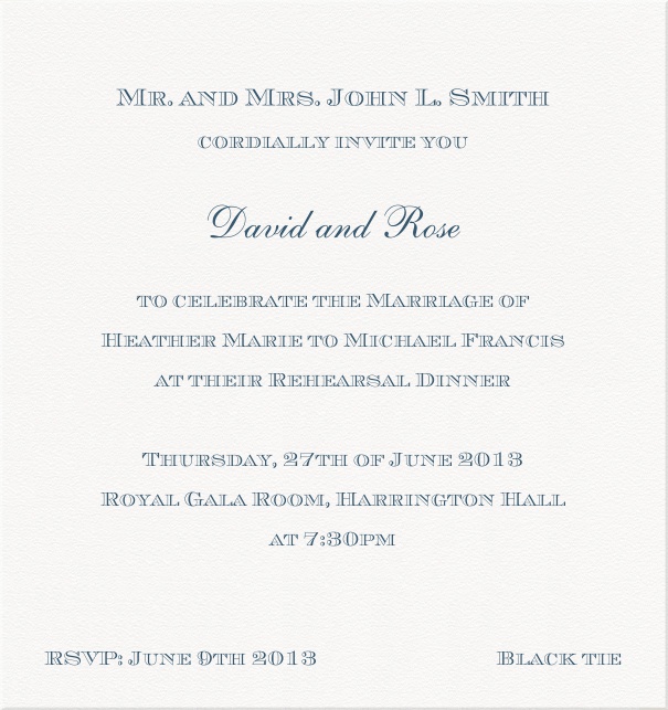 Weiße, klassisch-elegante Einladungskarte mit blauer Schrift.