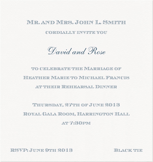 White, classic Wedding Invitation Card with blue letters.