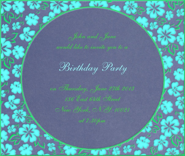 Blaue online Einladungskarte in Querformat mit Blumenrahmen.