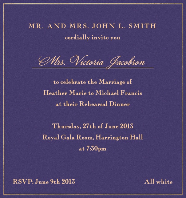 Purple, formal Wedding Invitation card with gold text.