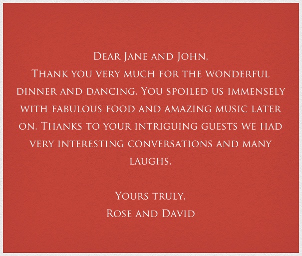 Red classic formal square format online card with white thin border and personal addressing of recipients. including designed Trajan font text in white to match card.