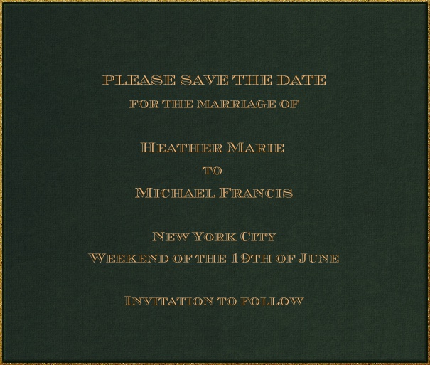 Madrid Stierkampf - Kostenfreie Designs Dunkelgrüne Klassisch formal Save the Date Karte in Quadratformat mit goldenem Rahmen und Empfängernamen für die persönliche Anrede. Inklusive passender Chevalier Schriftzug Text in gold.