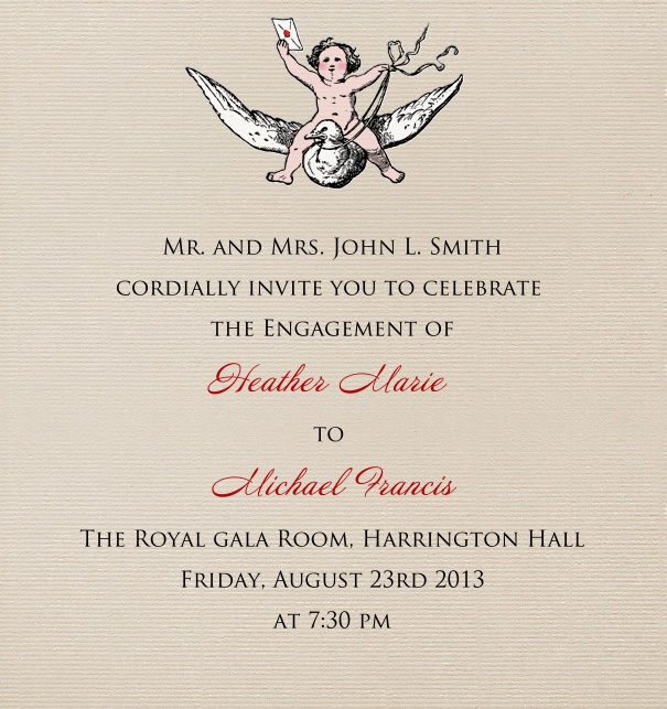 graufarbene Verlobungseinladungskarte in Hochkantformat mit romantischer Zeichnung des Cupid auf einer weissen Taube mit Brief in der Hand oben auf der Karte.