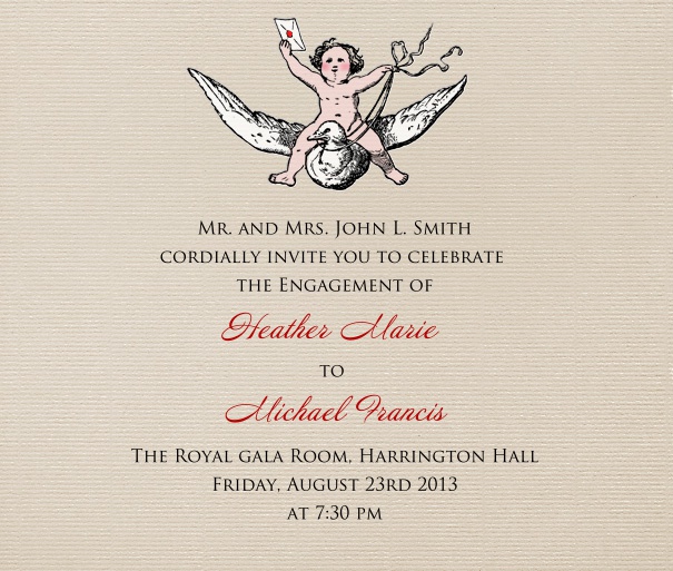 graufarbene Verlobungseinladungskarte in Quadratformat mit romantischer Zeichnung des Cupid auf einer weissen Taube mit Brief in der Hand oben auf der Karte.
