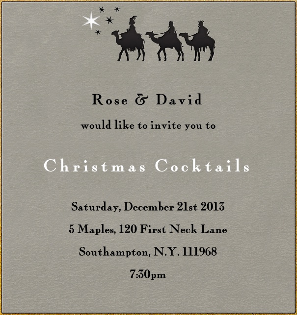 Grey Christmas high format invitation card with golden border and three kings decoration in top part of card. Including designed text in black and red to match the card.