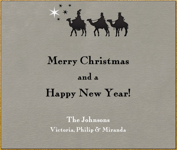 Online Grey Christmas card with golden border and three kings decoration.