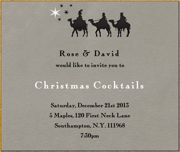 Grey Christmas square format invitation card with golden border and three kings decoration in top part of card. Including designed text in black and red to match the card.