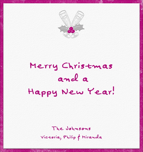 Online Season's Greetings Cards with Champagne and Holly Design and Purple Border.